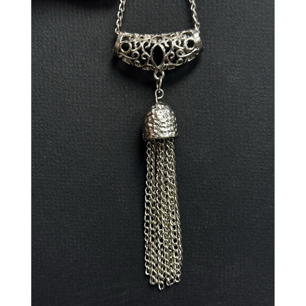 Silver Tone Filigree Tassel Necklace Boho Slider Pendant 26 Inch Chain